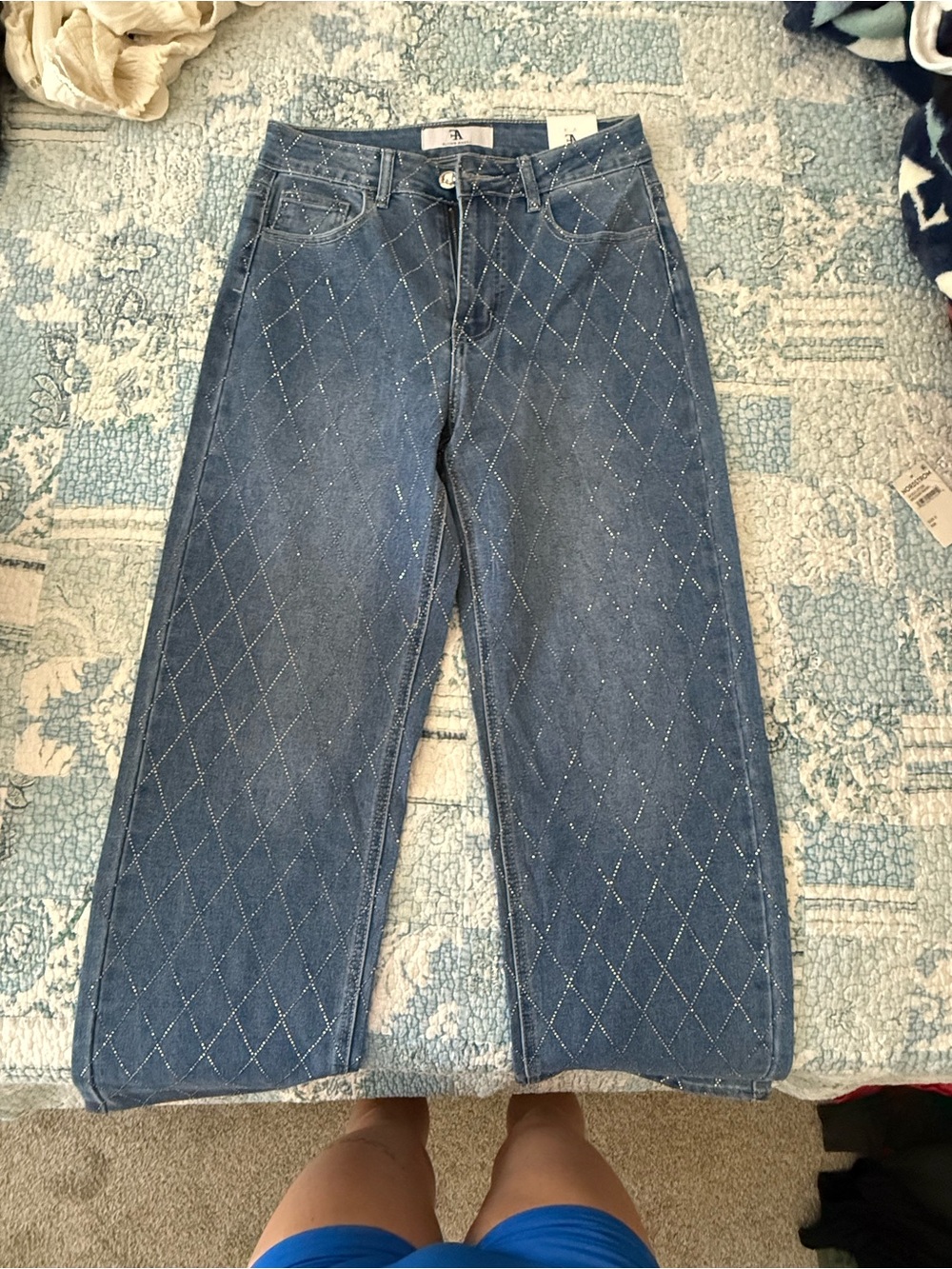 Flying Angel NWOT Embellished Diamond-Quilted Blue Denim Jeans